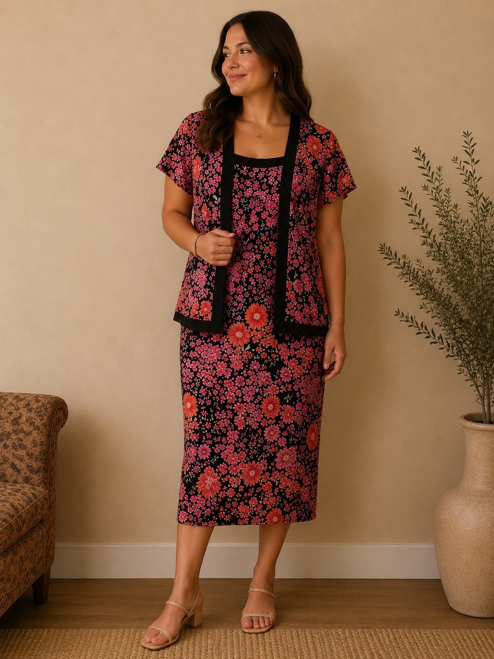 Studio Floral Midi Dress with Black Trim